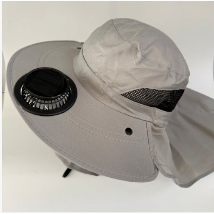 Non-ventilated sun hat with removable fan, neck protection, and adjustable chin strap Bowlift