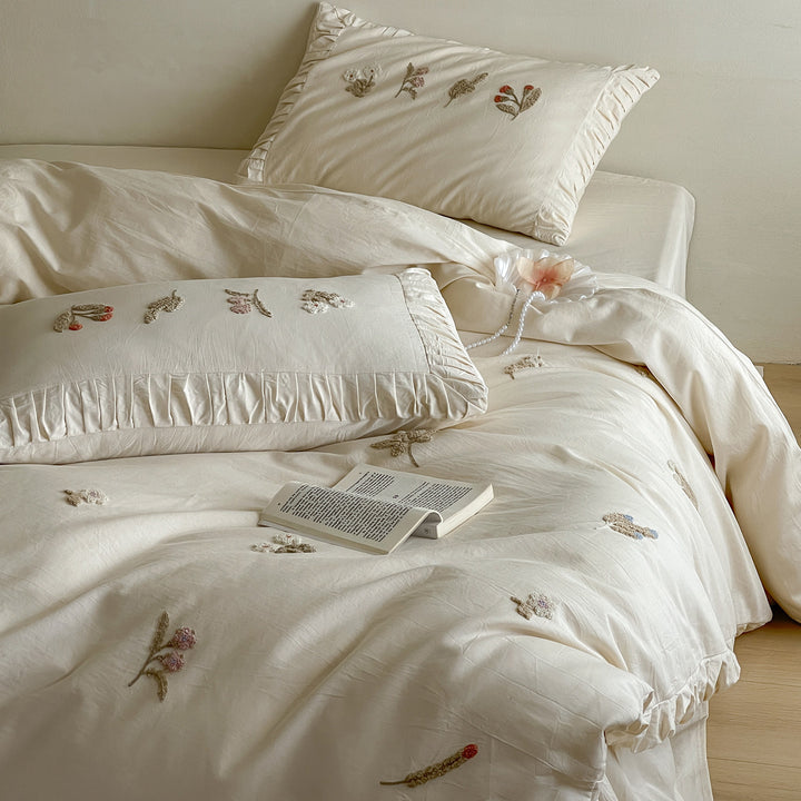 Embroidered Floral Ruffled Duvet Cover Set