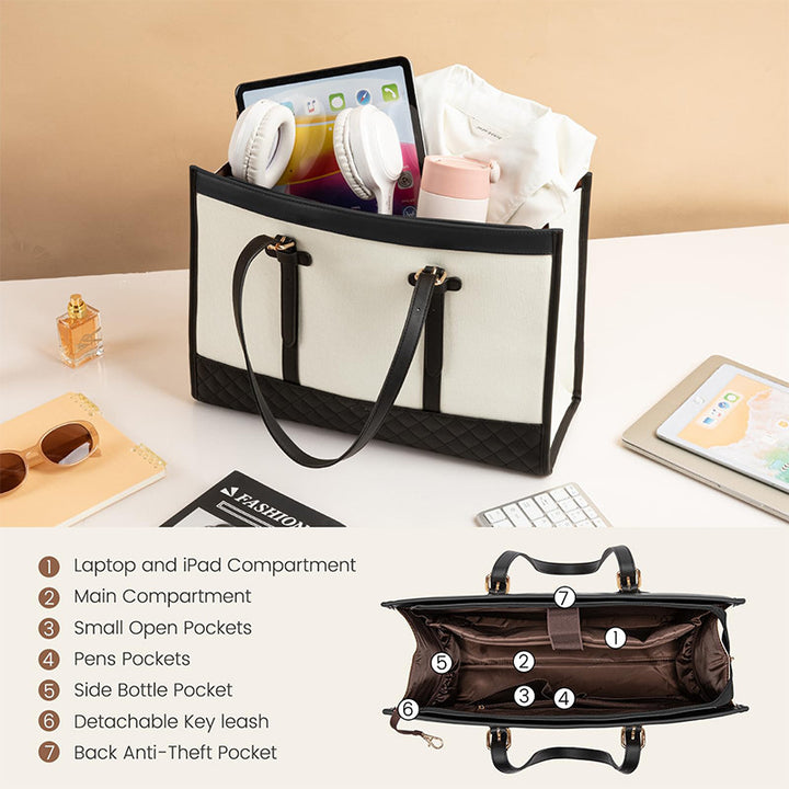 Stylish Quilted Tote Bag with Removable Cosmetic Compartment Bowlift