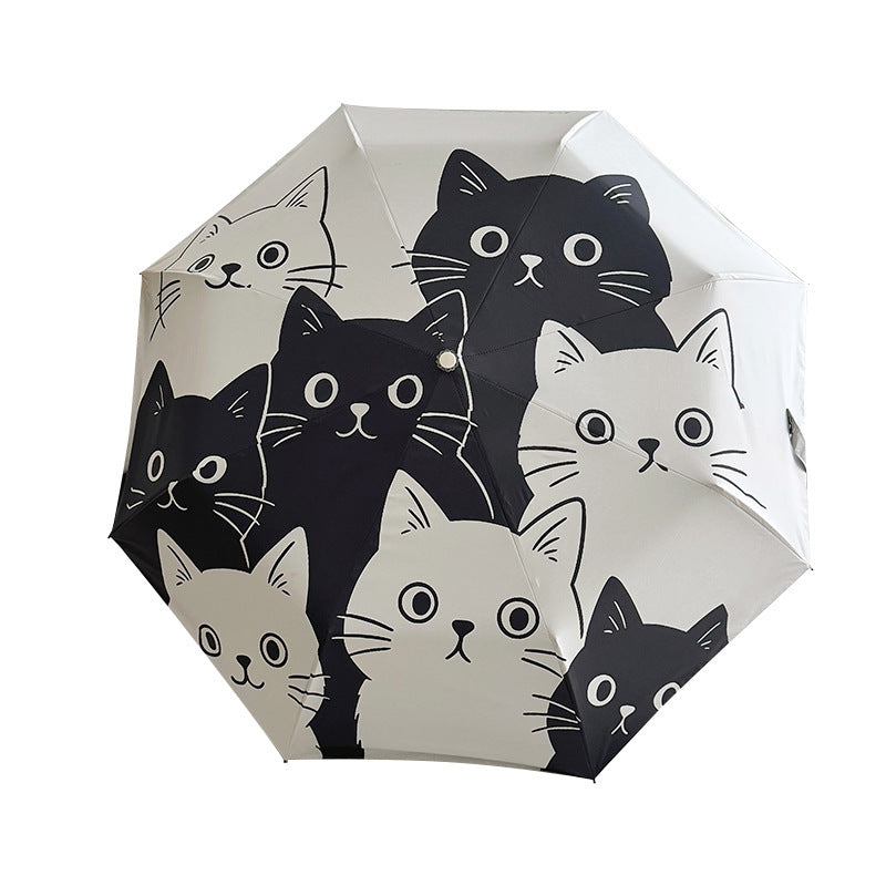 Women Folding Umbrella with Playful Cat Pattern Bowlift