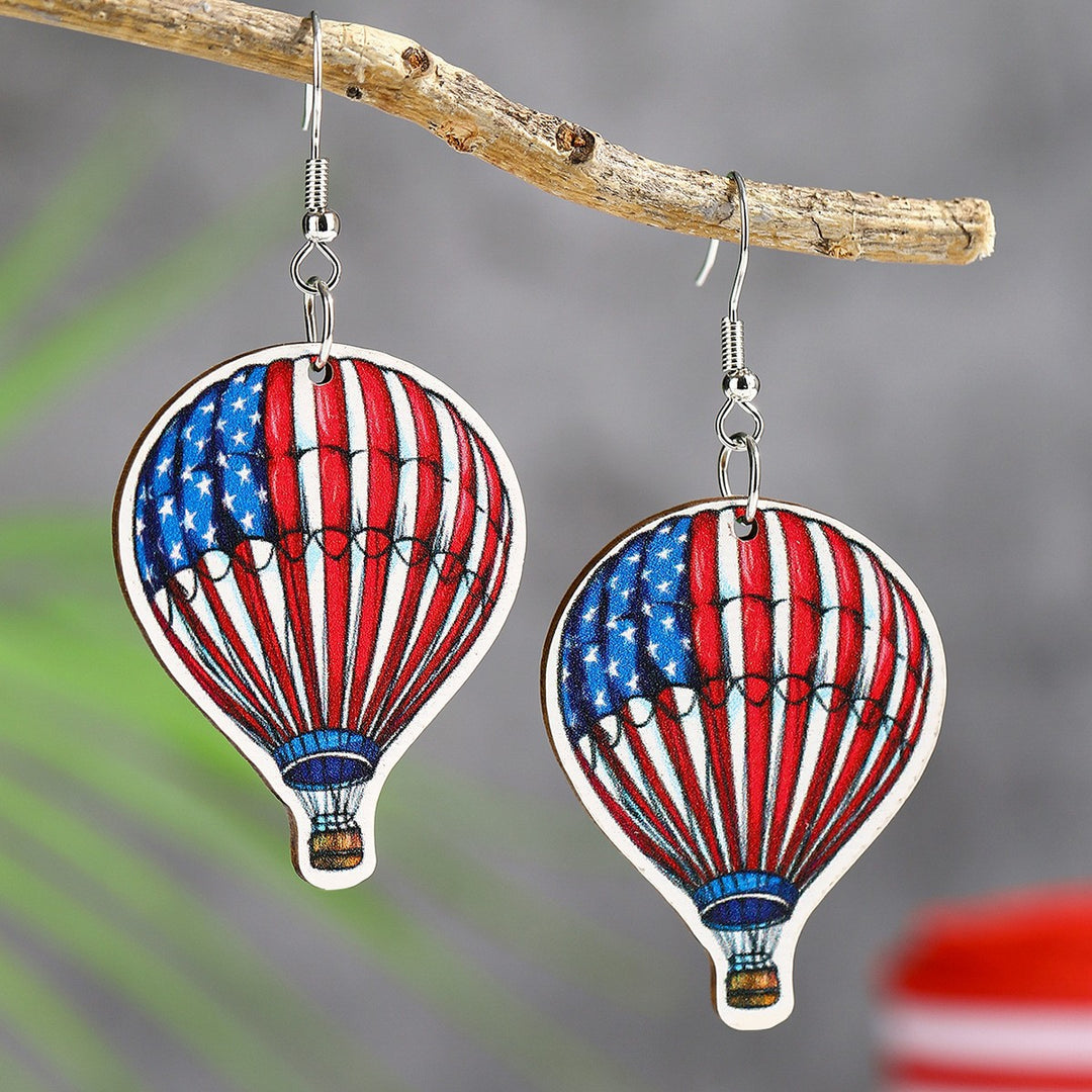 Ladies' lightweight wooden earrings in airplane jet design with patriotic motif and hypoallergenic fish hook Bowlift
