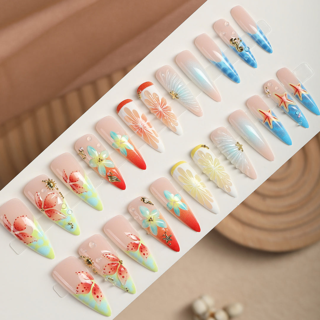 Artificial nail set with floral and maritime accents Bowlift