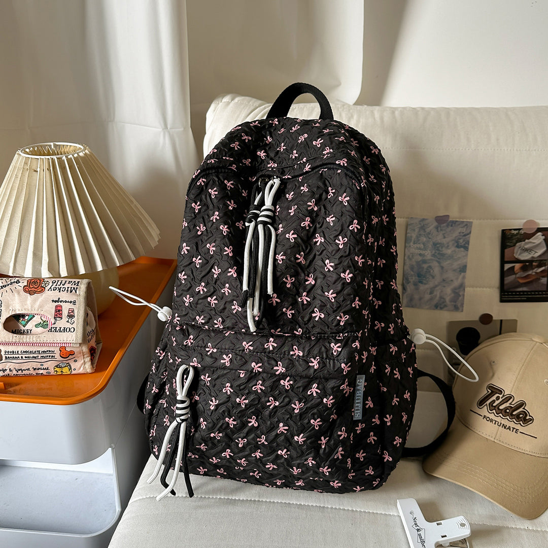 Textured Fabric Backpack with Cute Charms