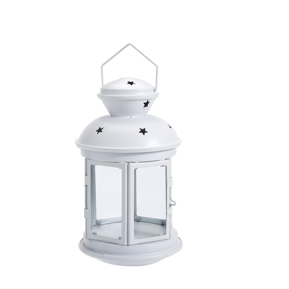 Vintage-Inspired Cylindrical Metal Tea Light Lantern with Star Vent Cutouts and Hinged Glass Door Bowlift