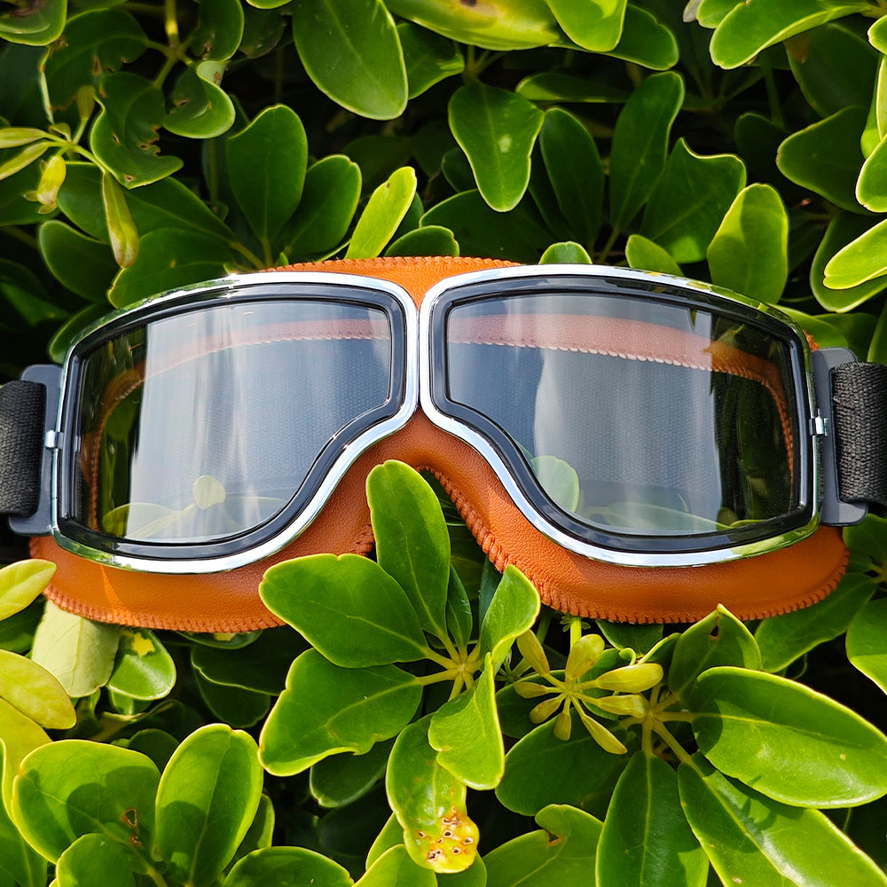 Polarized Mirrored Motorcycle Goggles with Leather Trim and Padded Foam Seal Bowlift