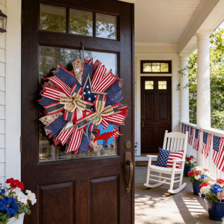 Unisex nan more patriotic front door wreath made of wood and jute ribbon with layered star and bow details Bowlift