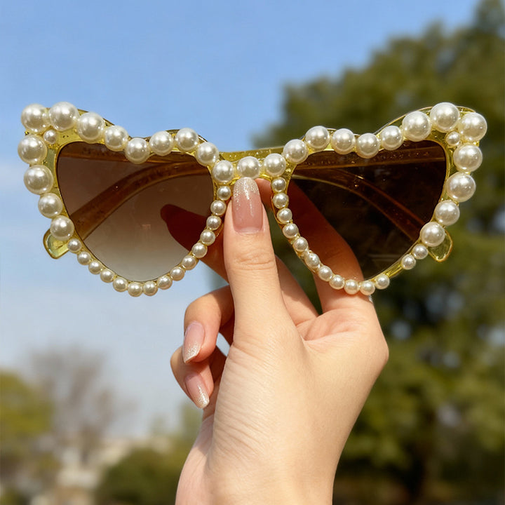 Decorative Pearl-Embellished Cat-Eye Sunglasses Bowlift