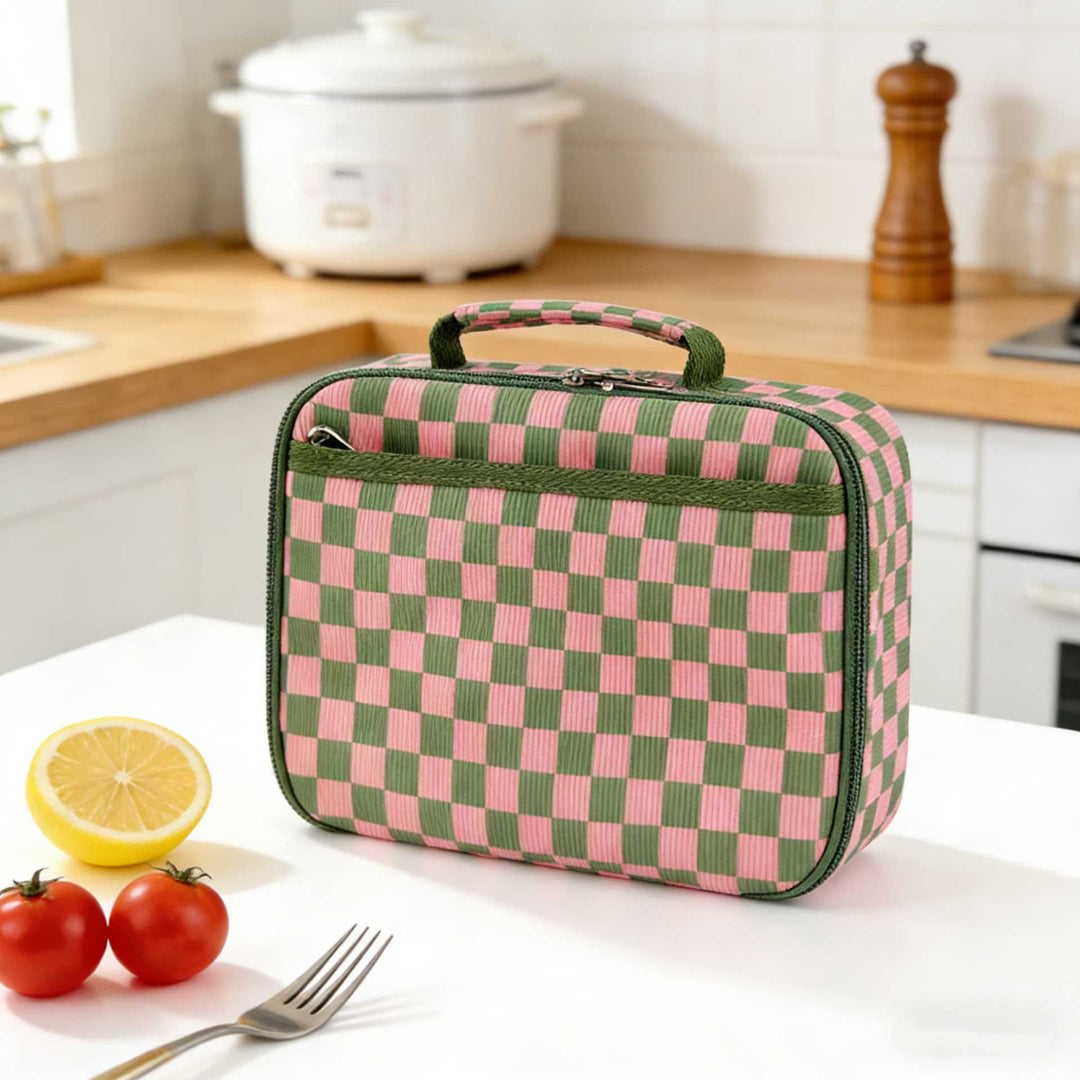 Insulated Checkerboard Lunch Tote with Top Handle and Front Zip Pocket Bowlift