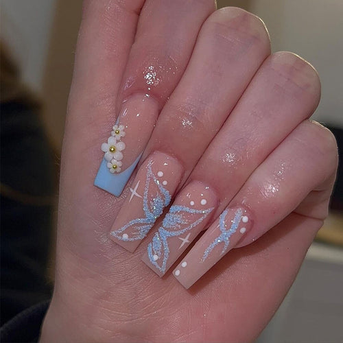Decorative Long Press-On Nail Set with Floral and Glitter Accents Bowlift