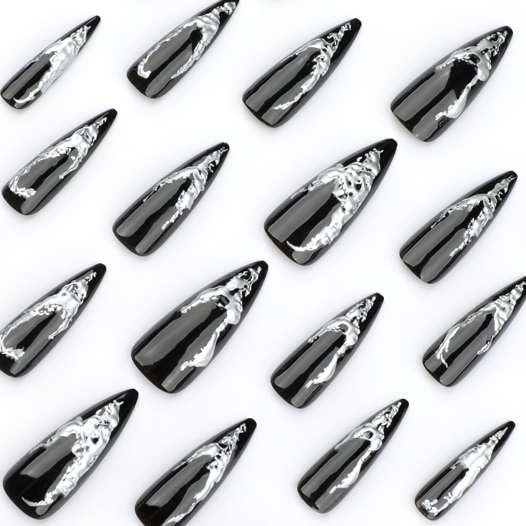 Artistic stiletto nails with modern metal effect Bowlift