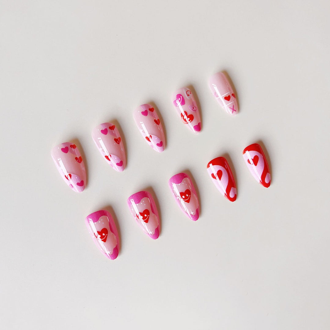Acrylic nail set with romantic heart motifs and modern designs Bowlift