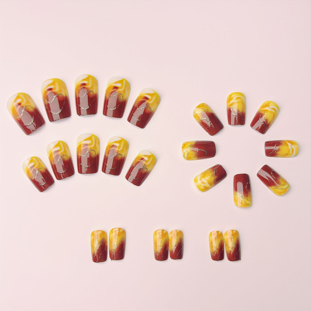 Artificial Nail Set with Marbled Design and Gold Accents Bowlift