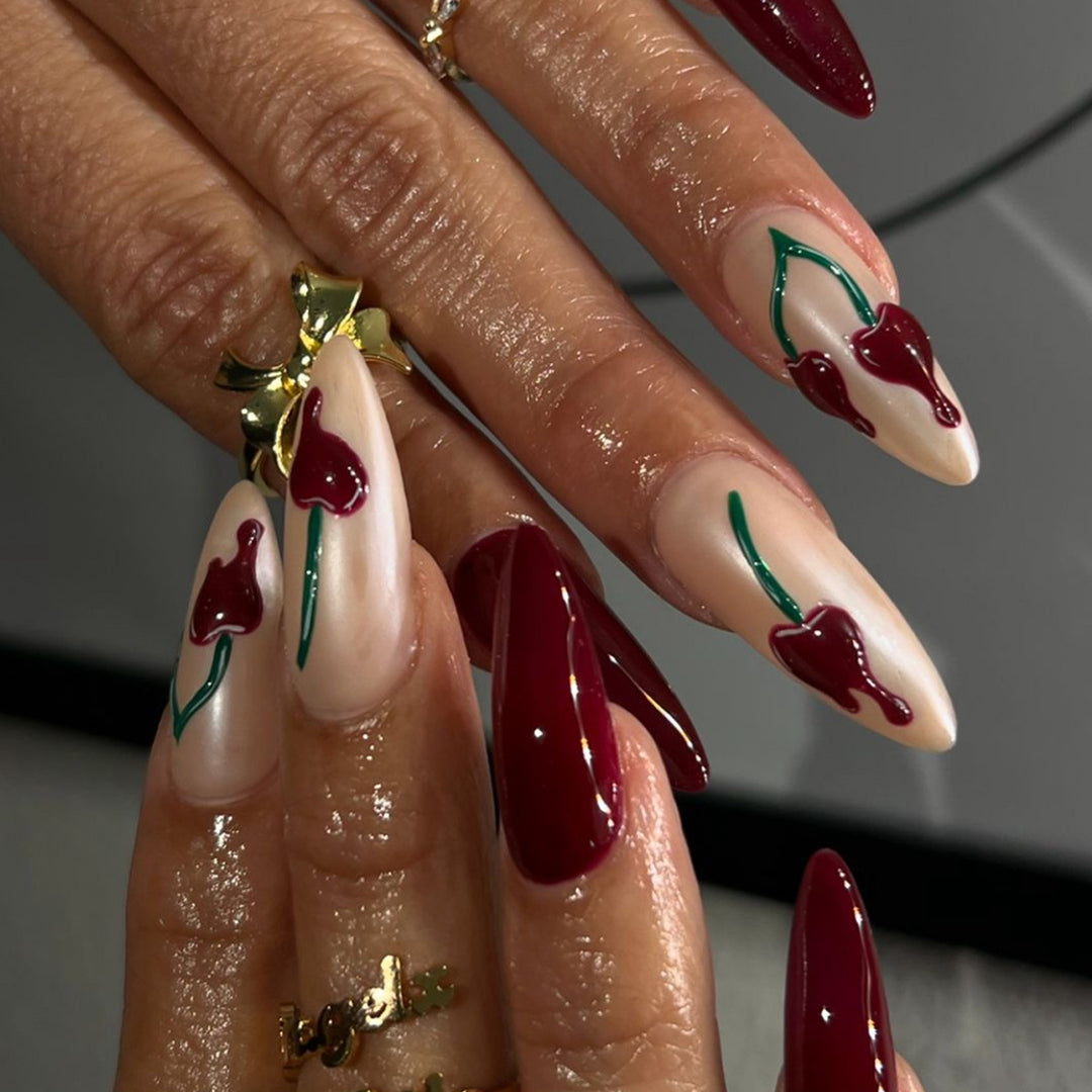 Artistic Press-On Nail Extensions with Cherry Design Bowlift