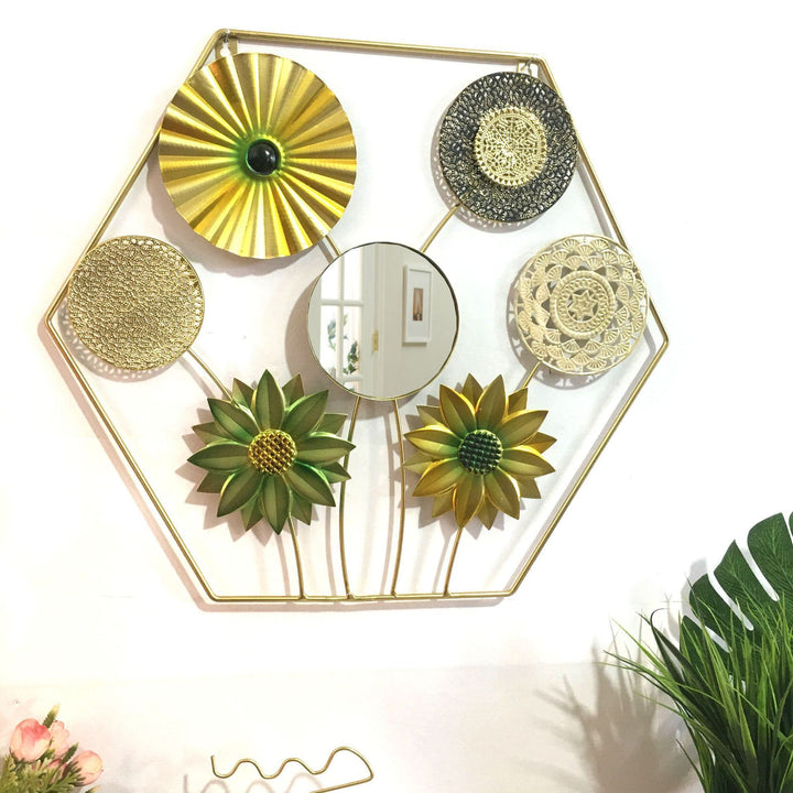 Decorative Metal Wall Art with Tropical Leaf and Mirror Design Bowlift