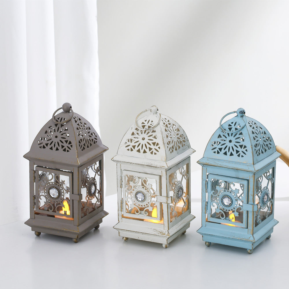 Antique-Style Decorative Metal Glass Candle Lantern with Filigree Cutouts and Hanging Ring Bowlift