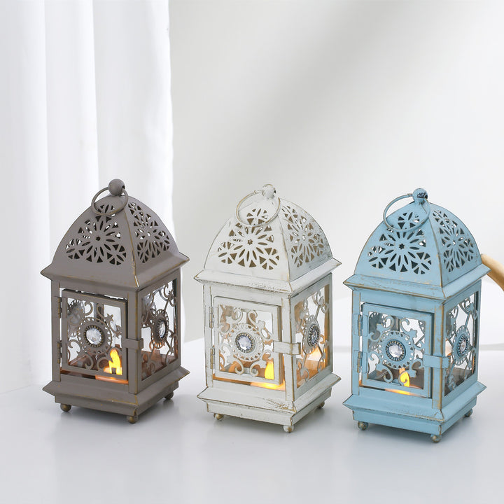 Antique-Style Decorative Metal Glass Candle Lantern with Filigree Cutouts and Hanging Ring Bowlift