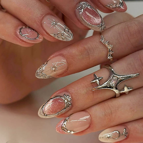 Decorative Press-On Nail Art Set with Floral and Shimmer Accents Bowlift