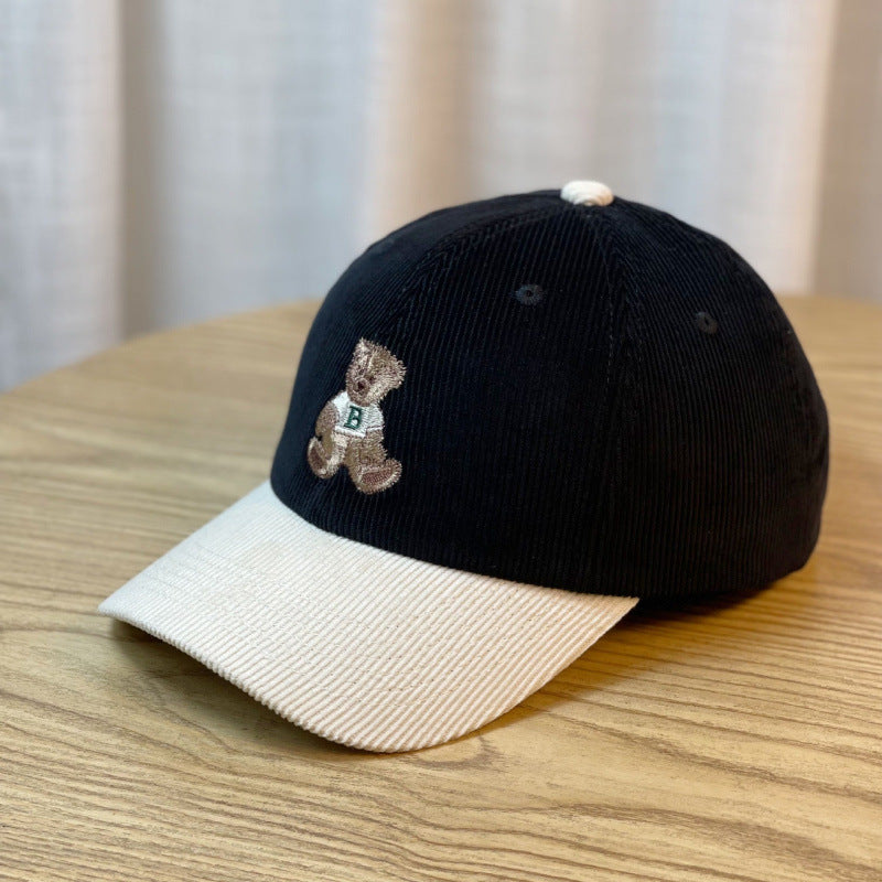 Women's Corduroy Baseball Cap with Teddy Bear Embroidery Bowlift