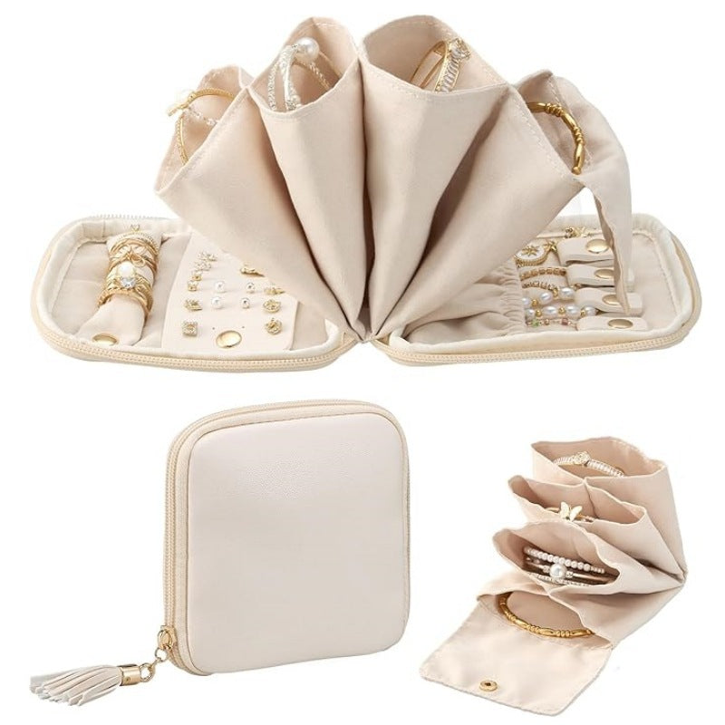 Travel Foldable Jewelry Organizer Case with Ring Rolls Earring Slots Necklace Hooks Bowlift