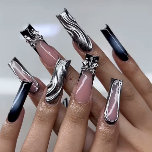 Artistic Nail Extensions with Metallic Design Bowlift