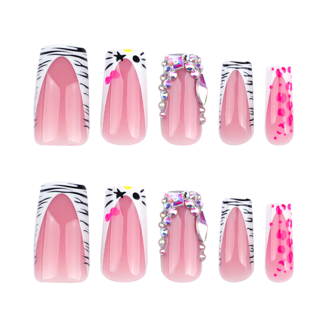 Artistic Nail Art with Animal Motif and Rhinestone Decorations Bowlift