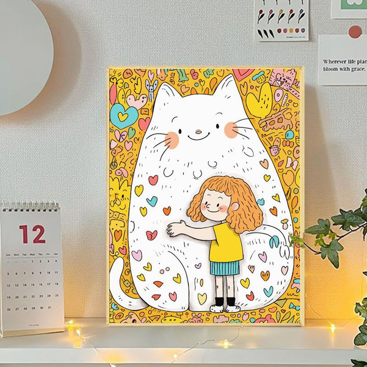 Playful Cat and Girl Illustration Canvas Art Bowlift