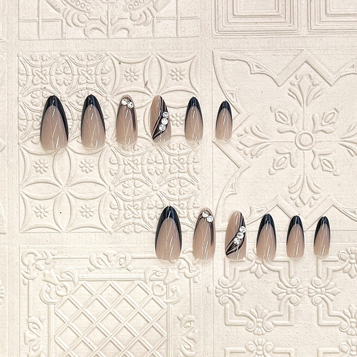 Elegant Press-On Nail Design with Rhinestone Accents Bowlift