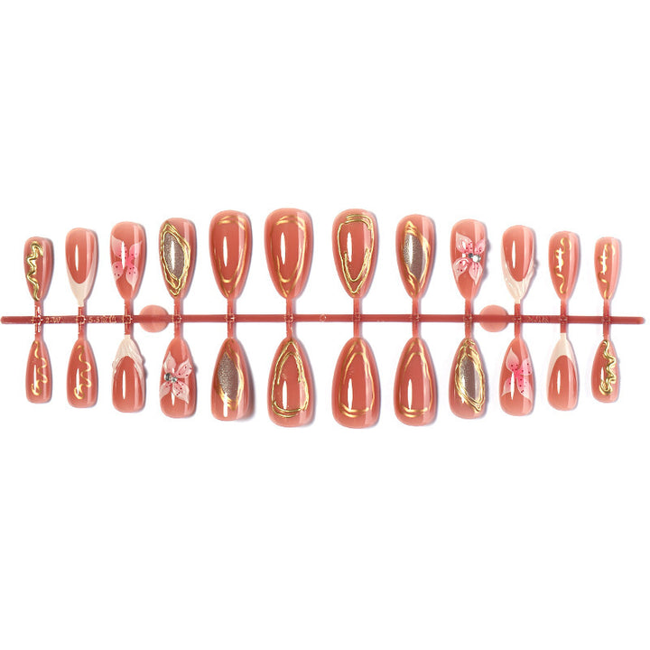 Artificial nail set with elegant blooming designs and golden accents Bowlift