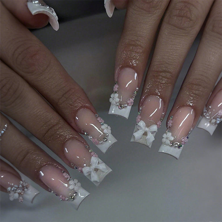Decorative Press-On Nails Art Set with Floral and Gem Embellishments Bowlift