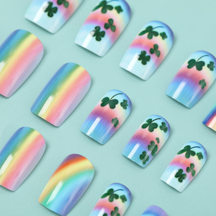 Artificial nails with colorful rainbow and clover leaf designs Bowlift