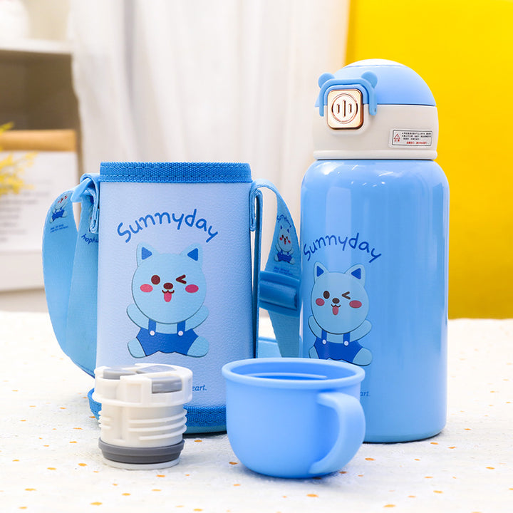 Ladies insulated bottle with cute cat motif and practical carrying strap Bowlift