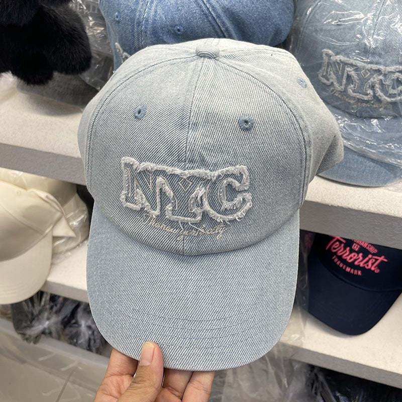 Unisex Distressed Denim Cap with NYC Embroidery Bowlift