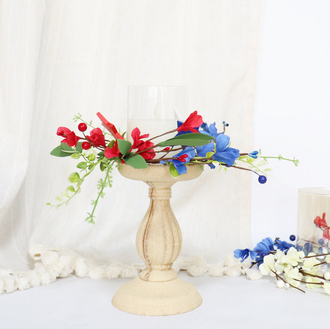 Unisex hand-crafted door wreath with wooden stars, artificial flowers, and flexible vine branch Bowlift
