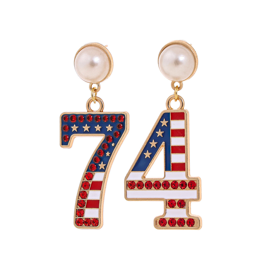 Ladies' eye-catching statement earrings with pearl stud and USA number pendant Bowlift