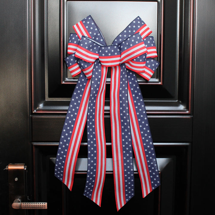 Unisex nan large patriotic star stripe ribbon bow wall hanging with long streamer tails for door wreaths and porch decor Bowlift