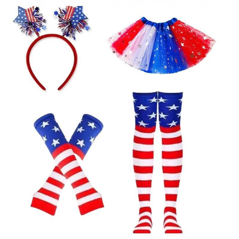 Women's Independence Day tulle tutu skirt with oversized bow headband over-the-knee star-striped stockings and matching arm sleeves Bowlift