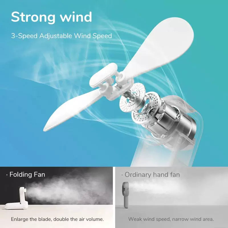 Unisex One Size foldable rechargeable triple handheld mini fan with integrated power bank USB-C and USB-A connections as well as wrist strap Bowlift