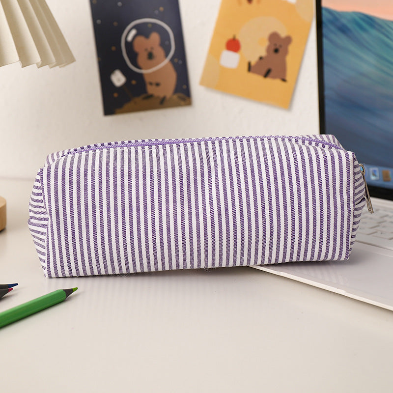 Striped Canvas Pencil Case and Stationery Organizer with Top Zipper Bowlift