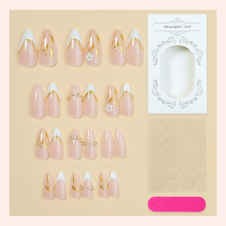Artificial Nail Set with Gold Accents and Flower Designs Bowlift