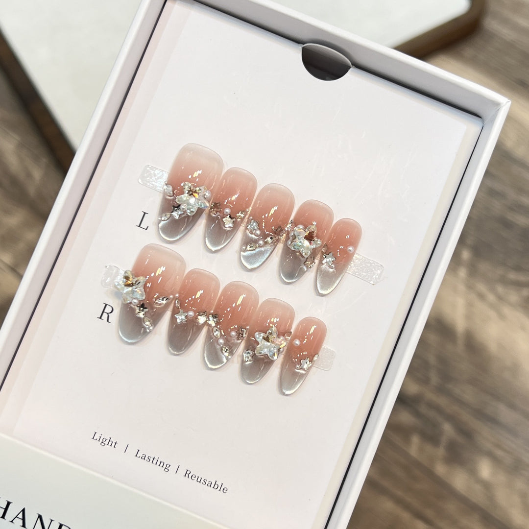 Elegant Press-On Almond Nails with Floral Accents Bowlift