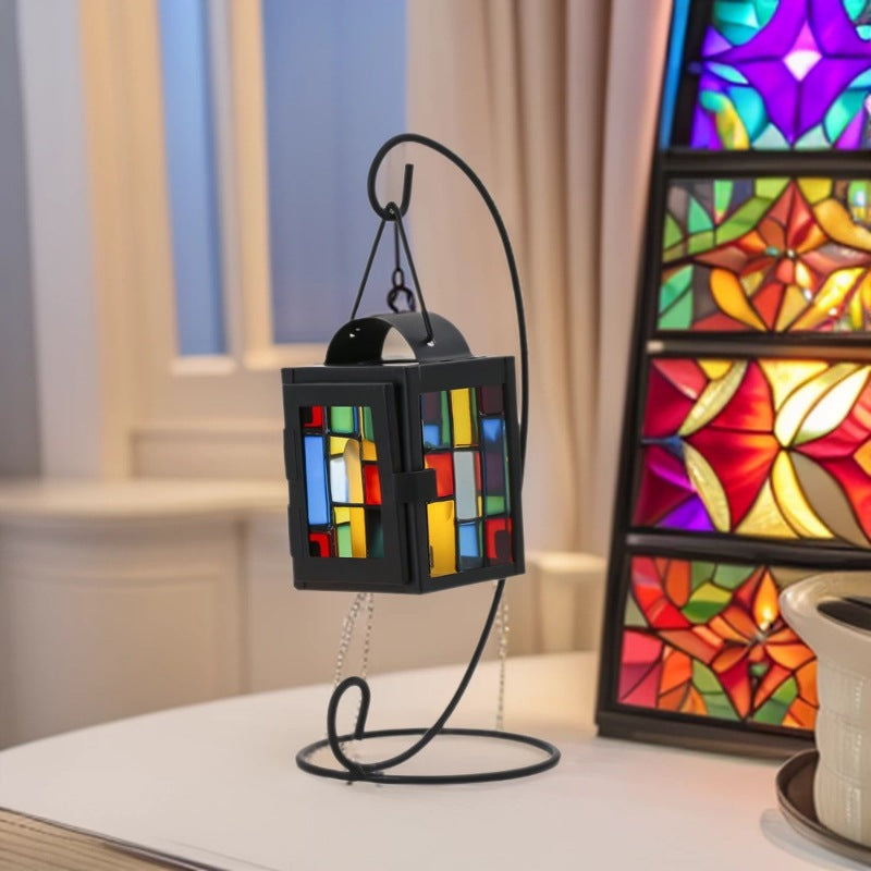 Stained Glass Mosaic Hanging Tealight Lantern with Metal Frame Bowlift