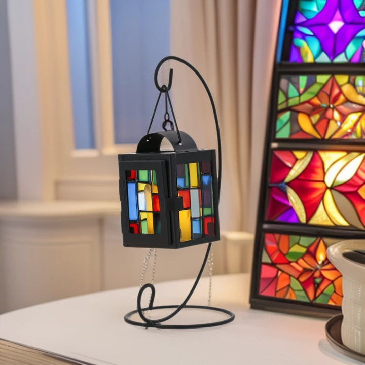 Stained Glass Mosaic Hanging Tealight Lantern with Metal Frame Bowlift