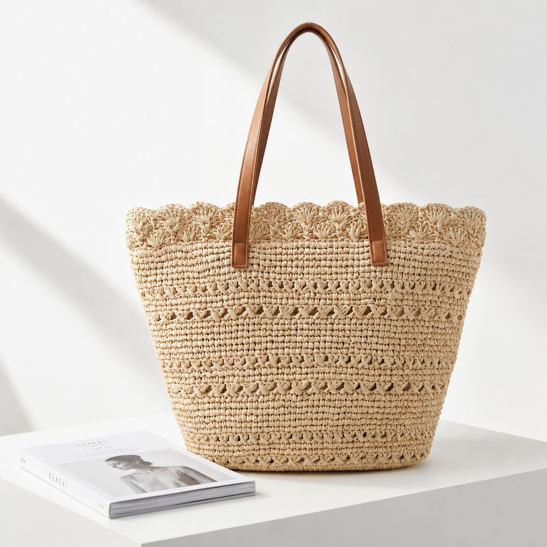 Beach bag with handcrafted crochet pattern and leather handles Bowlift