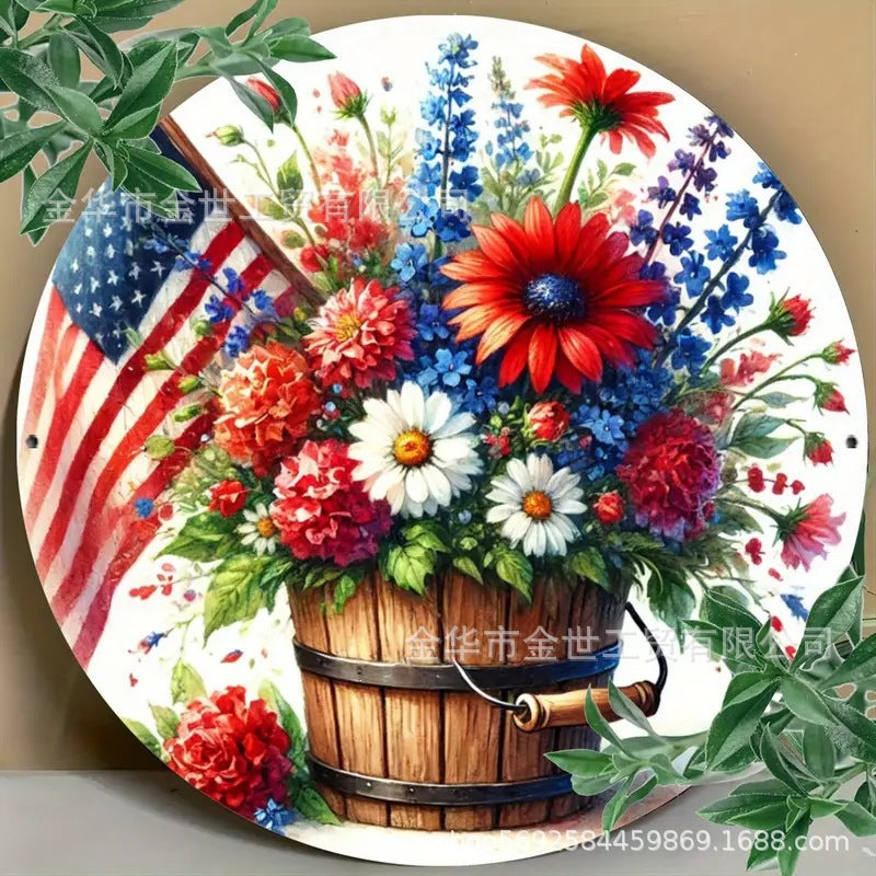 Independence Day rustic round wooden patriotic cross wall plaque with floral accents and God Bless America banner Bowlift