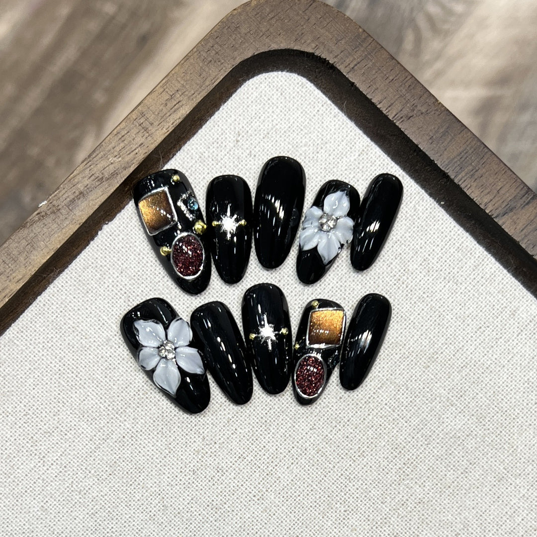 Decorative Press-On Nail Art Set with Floral and Crystal Accents Bowlift