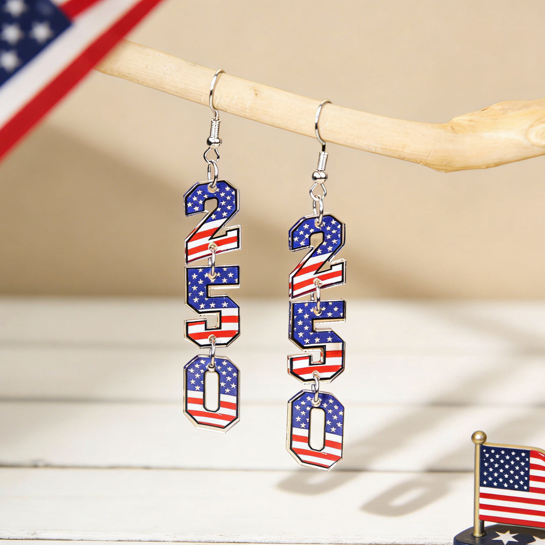 Women's acrylic statement earrings long pendant bow motif with patriotic print Bowlift