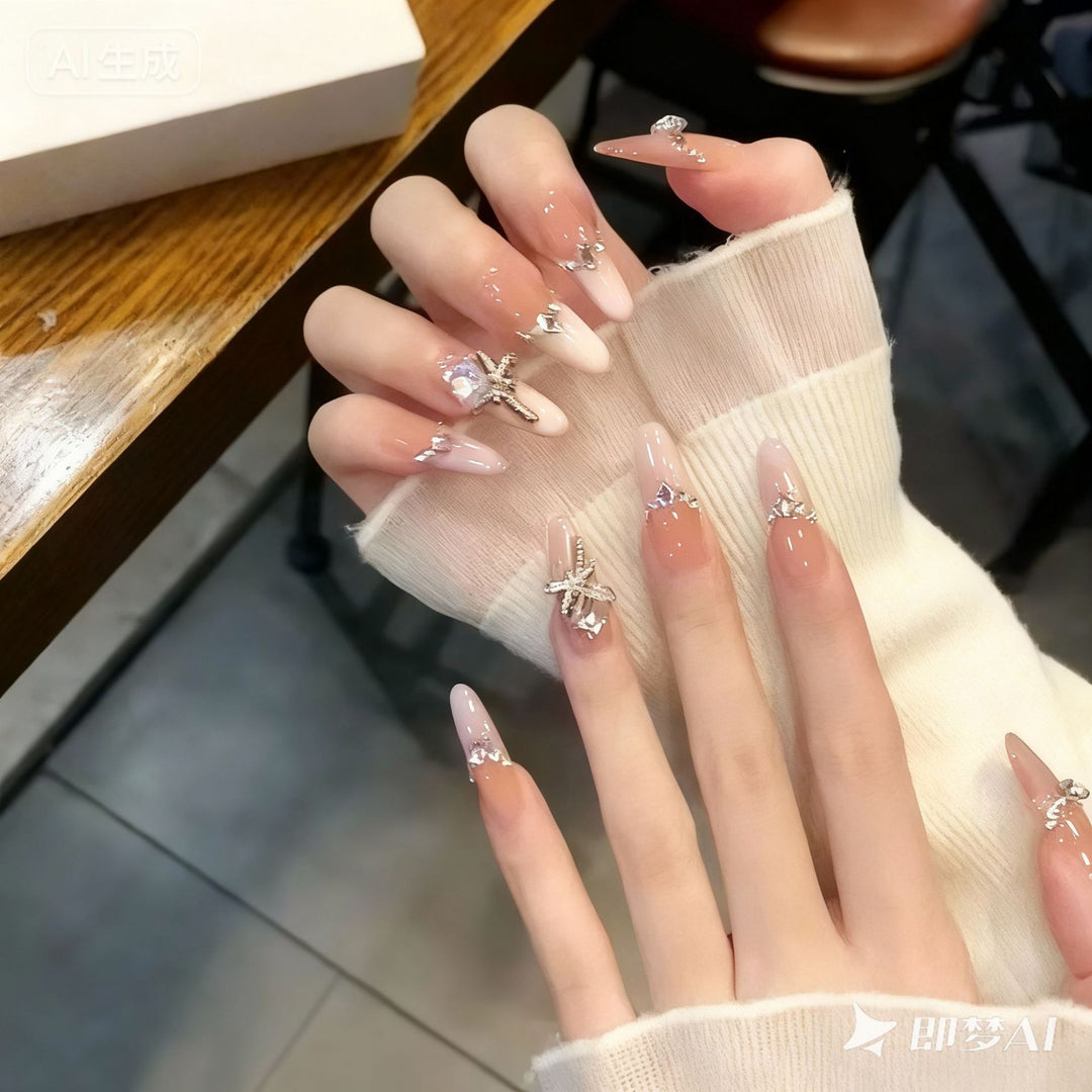 Artificial nail set with elegant crystal decorations and ombre effect Bowlift