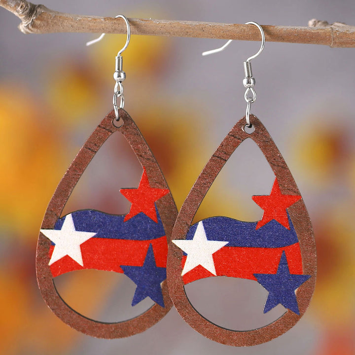 Ladies' nan teardrop-shaped wooden earrings with multi-layer star and stripe appliqué and nickel-free ear hooks Bowlift