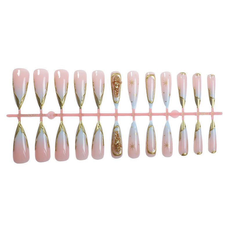 Elegant Press-On Nail Art Set with Gold Accents Bowlift