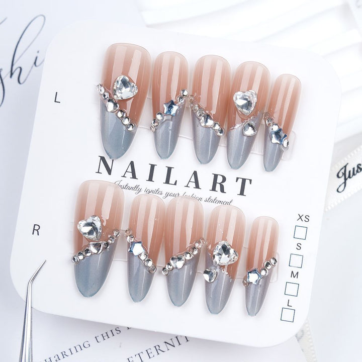 Decorative Press-On Nail Set with Elegant Floral and Gemstone Accents Bowlift